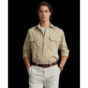 Ralph Lauren Mens Work Shirt Heavyweight Cotton‎ Twill Beige RARE Vintage USA L